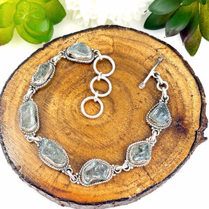 Raw Aquamarine Gemstone Bracelet Boho Southwest Vintage Style Handmade New 925